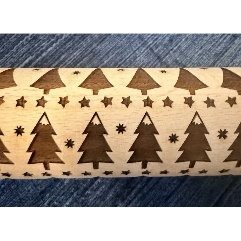 Embossing Rolling Pin Wooden Engraved Stars & Trees